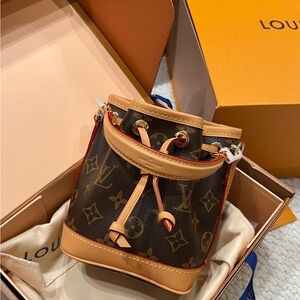 Louis Vuitton Monogram Mini Bucket Bag with Tan and Red Trim